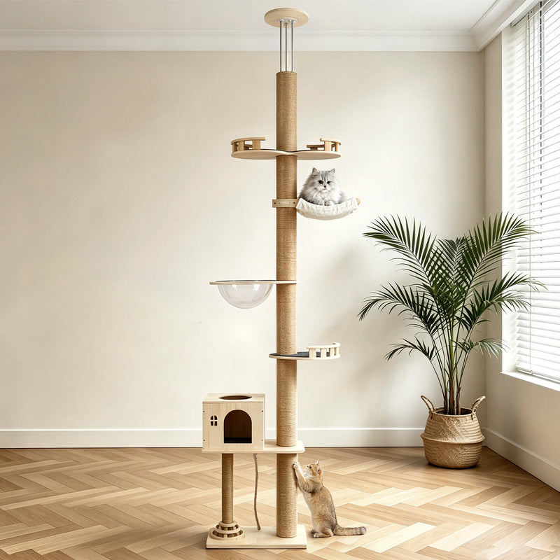 Floor-to-Ceiling Cat Tree With Natural Sisal Rope Scratching Post - Adjustable Height Modern Cat Activity Tree, Cat Scra