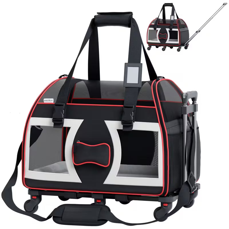 Soft-Sided Pet Travel Carrier with 6 Wheels & Double Telescopic Handle – Airline Approved for Small Dogs & Cats, Gray/Black