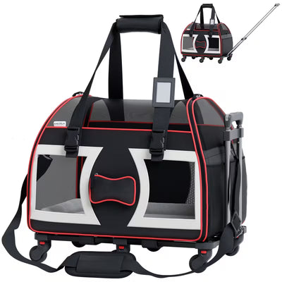 Soft-Sided Pet Travel Carrier with 6 Wheels & Double Telescopic Handle – Airline Approved for Small Dogs & Cats, Gray/Black