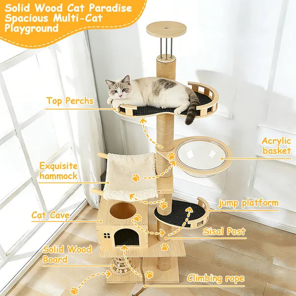 Floor To Ceiling Cat Tree, 6 Level Adjustable Height Climbing Tower With Thickened Scratching Posts, Cats Activity Cente