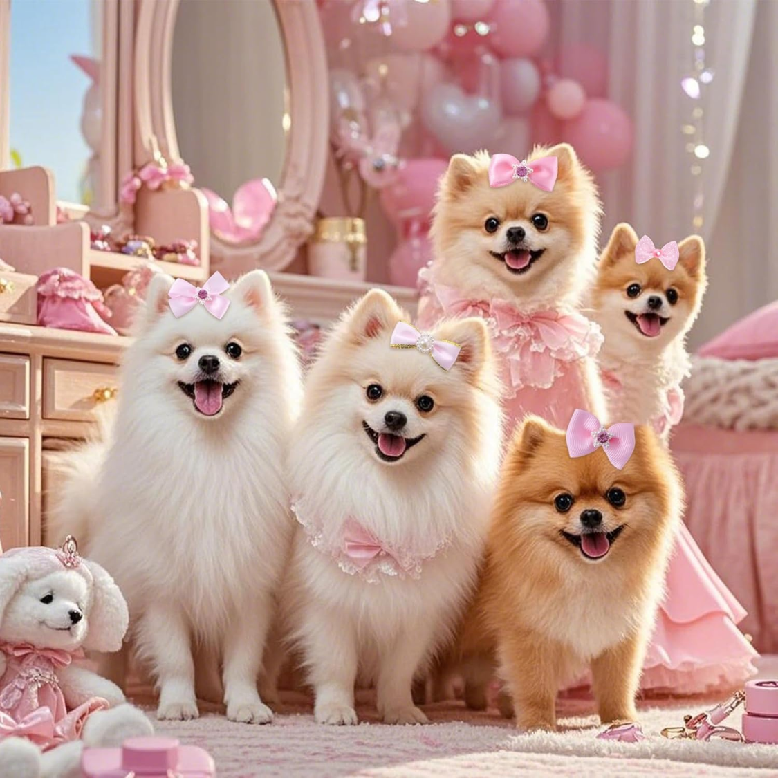 20 PCS Cute Dog Hair Bows With Rubber Bands Elastic Handmade Mix Style Lace Rhinestone Pearls For Furry Puppy Cat Pet Gi