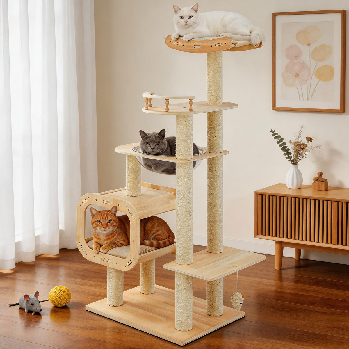 Modern Heavy-Duty No-Drill Cat Tree-Solid Wood Multi-Story Board, 4-Story Multi-Column Cat Tower, 57.9in For Multi-Cat H
