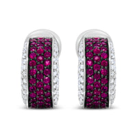 18K White Gold and Black Rhodium Plated 3/4 Cttw Round Diamonds and 1mm Round Red Ruby Huggie Hoop Earrings (F-G Color, VS1-VS2 Clarity)