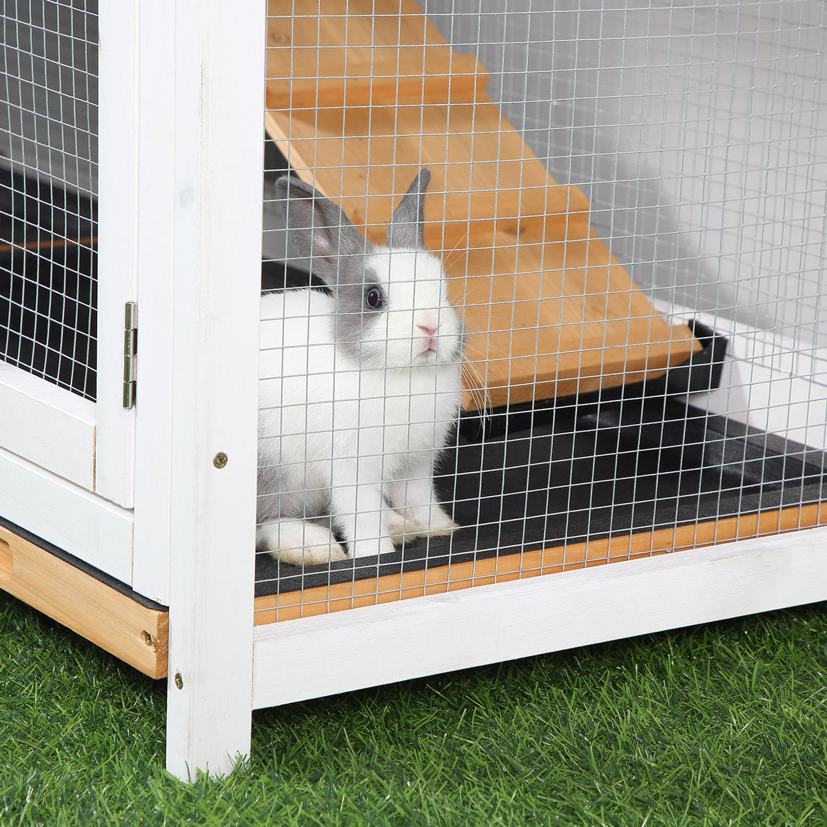62" Rabbit Hutch, Wooden Bunny Hutch, Guinea Pig Cage, Small Animal Enclosure with Run Area, Removable Tray, Asphalt Roo
