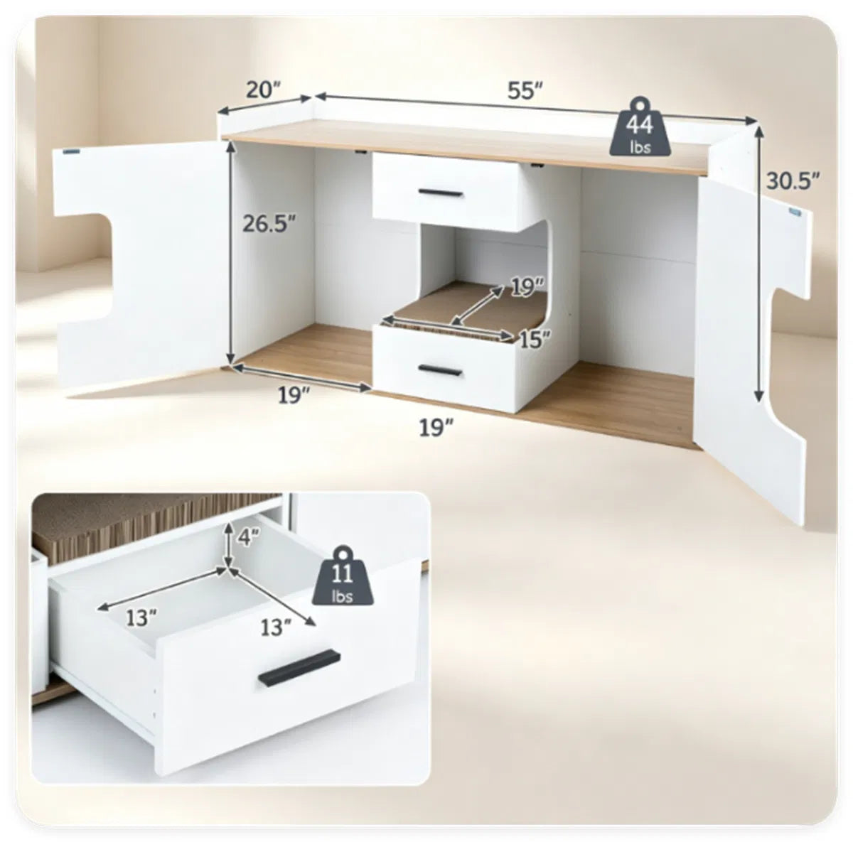 Large Cat Litter Box Enclosure Furniture with Storage Drawers & Built-In Scratching Board, Hidden Cat Washroom Cabinet w