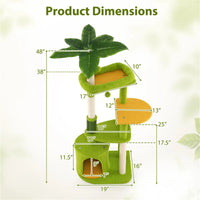 48" Cat Tree with Tropical Leaves - Self-Groomer & Scratching Posts, Space-Saving (Green+Orange)
