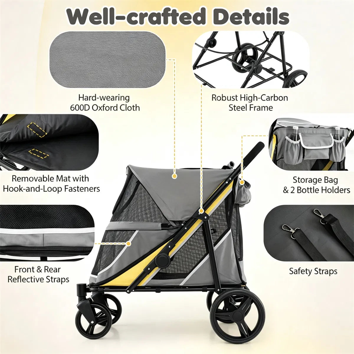 220LBS Large Capacity Dog Stroller, Foldable Pet Stroller with 360 Swivel Shock-Absorbing Wheels, One-Click Brake & Retr