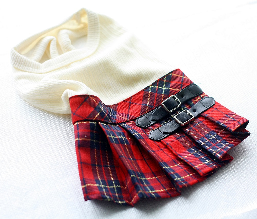 Plaid Dog Kilt Skirt with Buckle Detail - Stylish Pet Outfit Knitted Jumper Sweater for Fall & Winter-Pet Apparel-BIG FRENCHIES-Jane's Pet Boutique