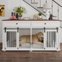 63'' Large Dog Crate Furniture For Double Dog, Wooden Dog Kennel With 2 Drawers,Divider And Sliding Door, Water Resistan