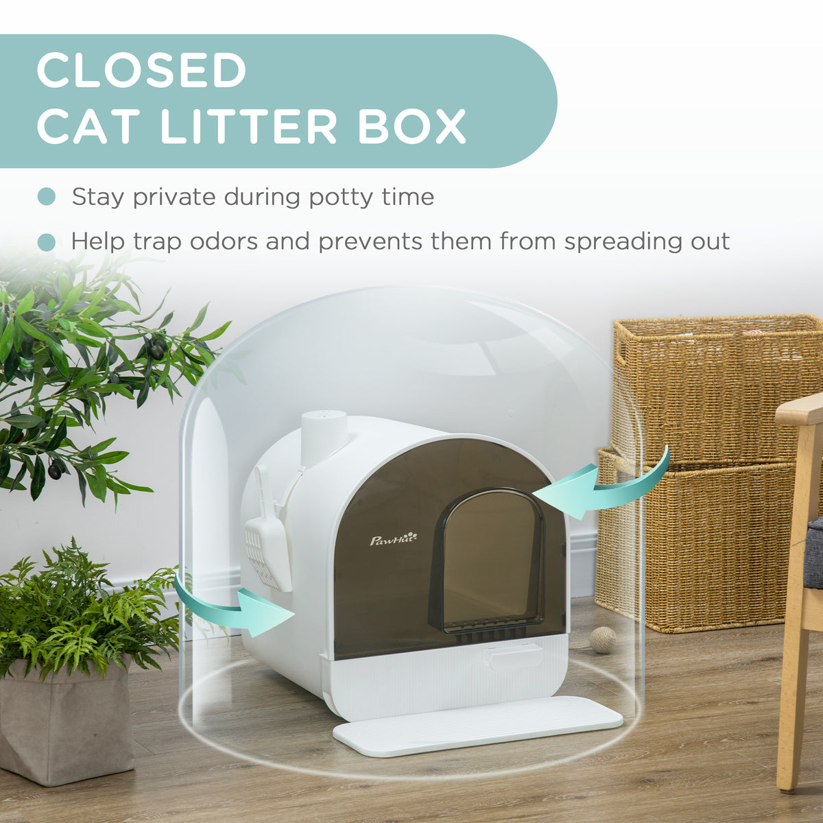 Cat Litter Box with Lid with Scoop and Filter, White
