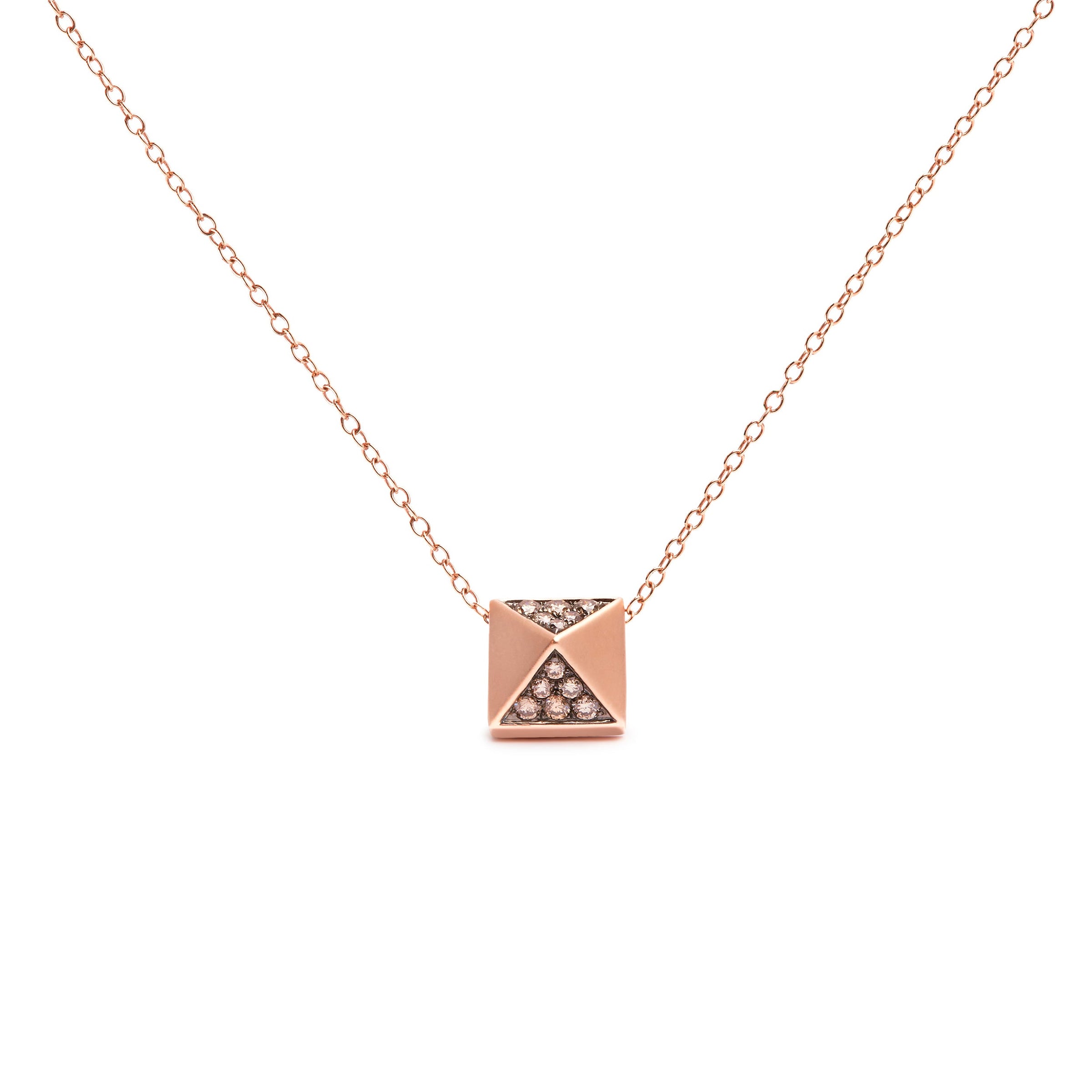 14K Rose Gold 1/4 Cttw Brown Diamond Matte Finished Pyramid Pendant Necklace (Brown Color, SI1-SI2 Clarity) - 18" Inches