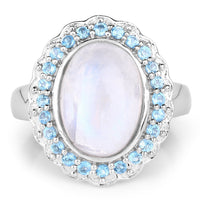 7.21 Carat Genuine White Rainbow Moonstone & Swiss Blue Topaz .925 Sterling Silver Ring