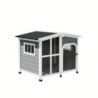 Large Dog House Cabin-Style Wooden Pet Shelter with Openable Roof And Giant Window Gray
