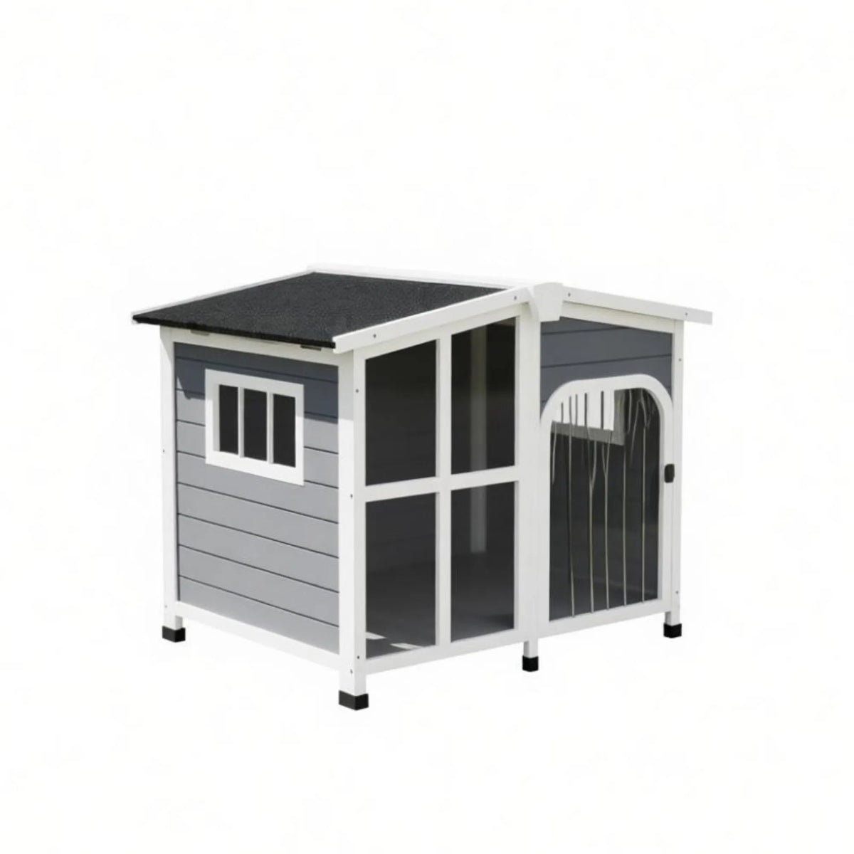 Large Dog House Cabin-Style Wooden Pet Shelter with Openable Roof And Giant Window Gray