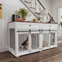 63'' Large Dog Crate Furniture For Double Dog, Wooden Dog Kennel With 2 Drawers,Divider And Sliding Door, Water Resistan