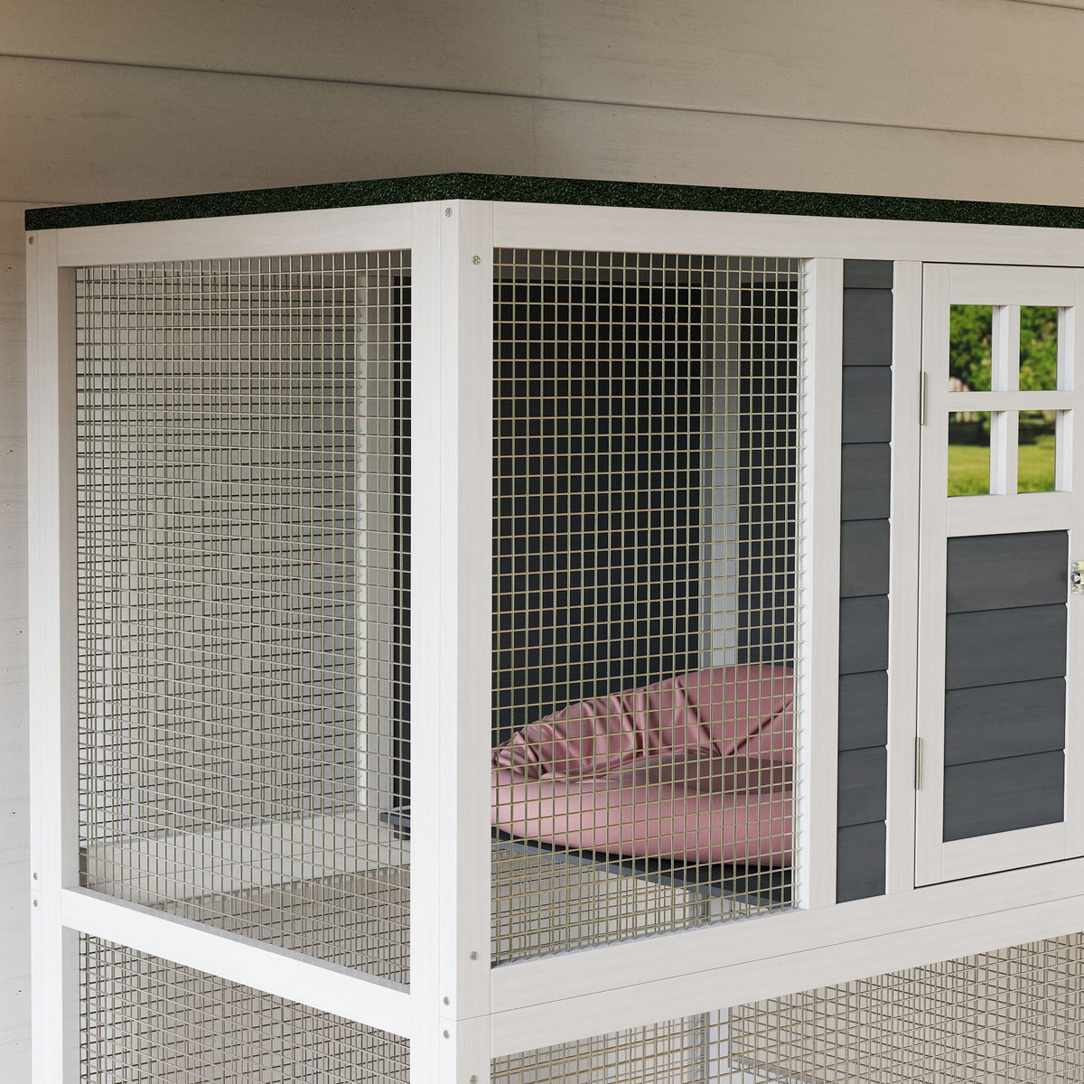 74" Wooden Catio Outdoor Cat Enclosure Weatherproof & Wheeled, Outside Cat House with High Weight Capacity, Kitten Cage 