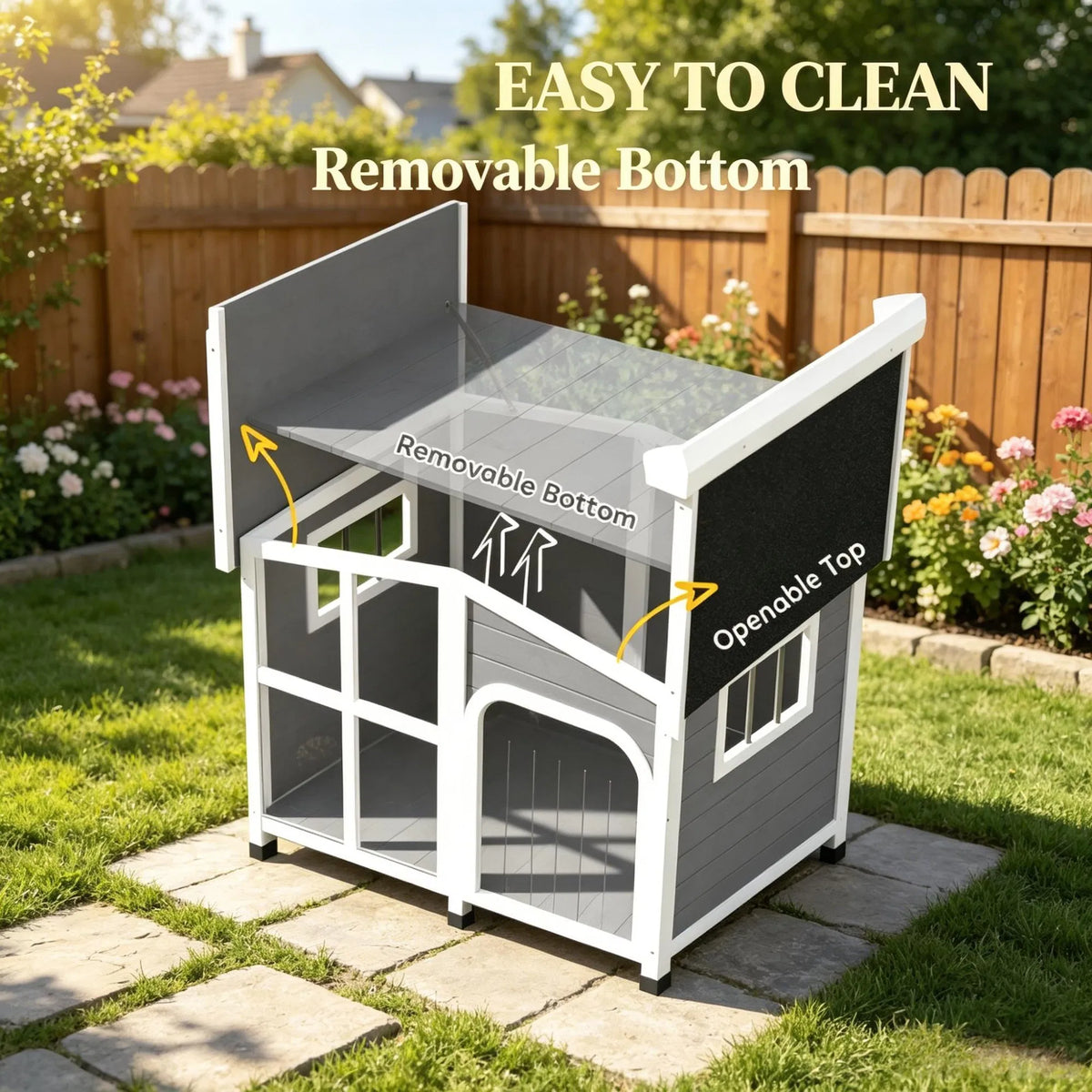 Large Dog House Cabin-Style Wooden Pet Shelter with Openable Roof And Giant Window Gray