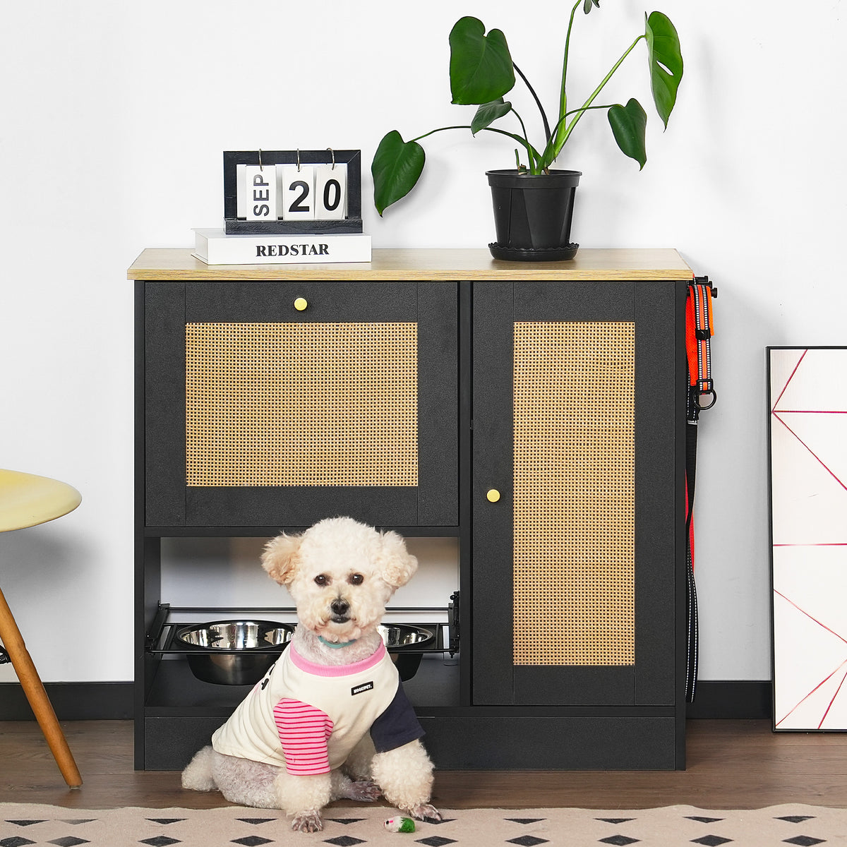 Feeding station with 2 lockers, pet feeding station with 2 elevated dog bowls, side hooks, anti-tipping kit, hidden pet 