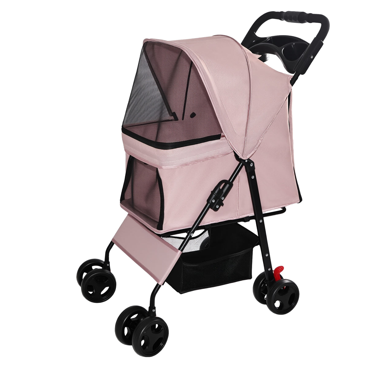 Foldable Pet Stroller for Small Dogs and Cats Under 28 lbs with Multi-Functional Tray, 2 Safety Leashes, Storage Basket 
