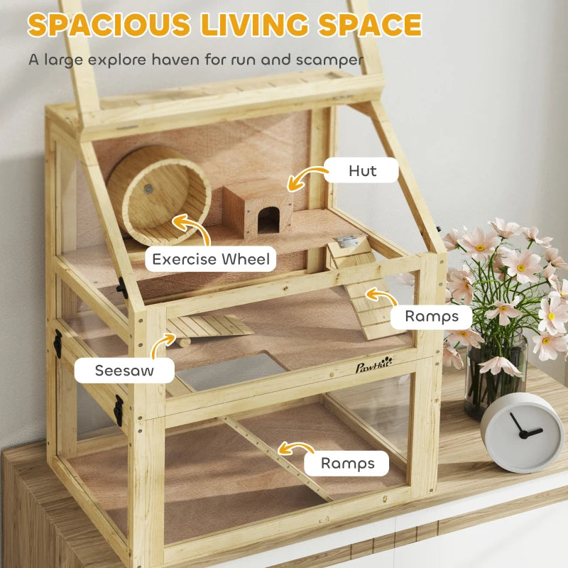 3 Tier Wooden Hamster Cage W Detachable Bottom, Hut, Seesaw, Exercise Wheel, Ramps
