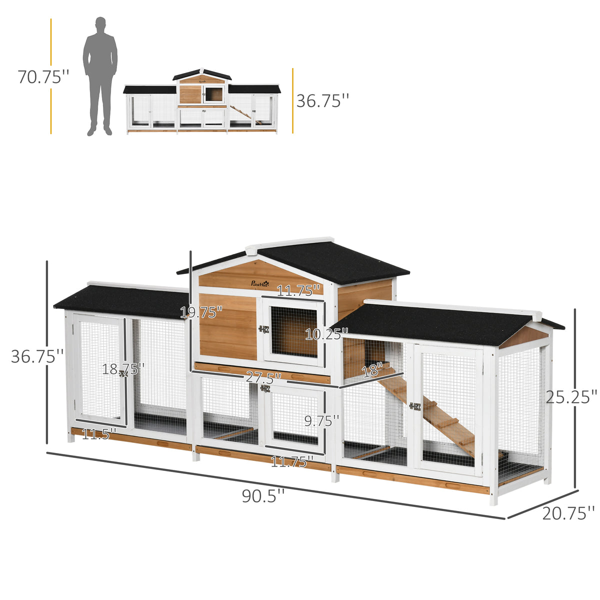 90.5" Wooden Rabbit Hutch Bunny Cage Pet Playpen House Enclosure with Double Side Run Boxes, No Leak Tray, Ramp, for Rab