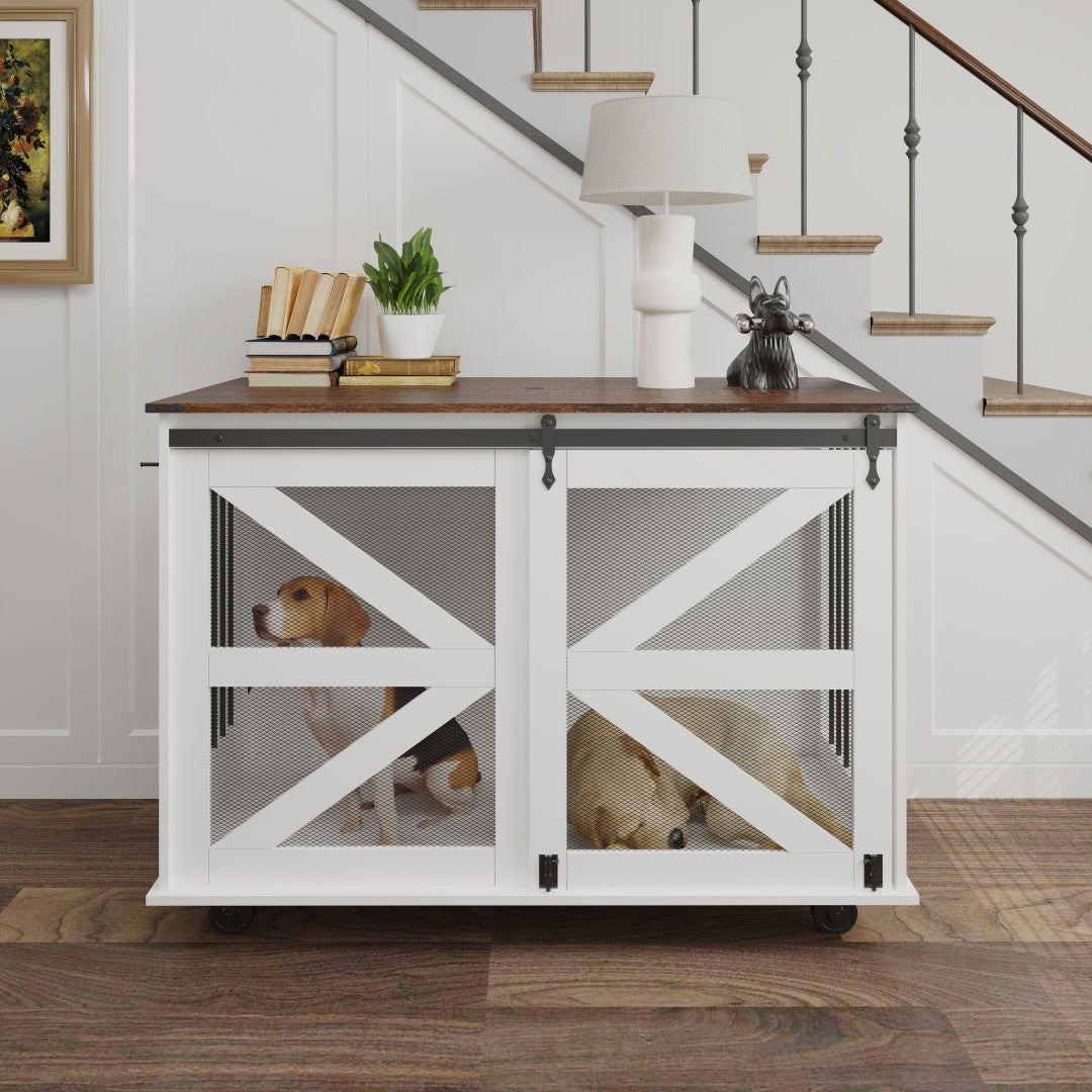 47.2 Mobile Dog Crate With Flip-Top Feeding Door, Dual-Access & 5 Caster System 2 Locking, Side Hooks - Multi-Functional