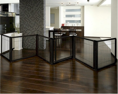 Richell 6 Panel Convertible Elite Pet Gate in Black - Freestanding Gate, Room Divider or Pet Pen with Lockable Door