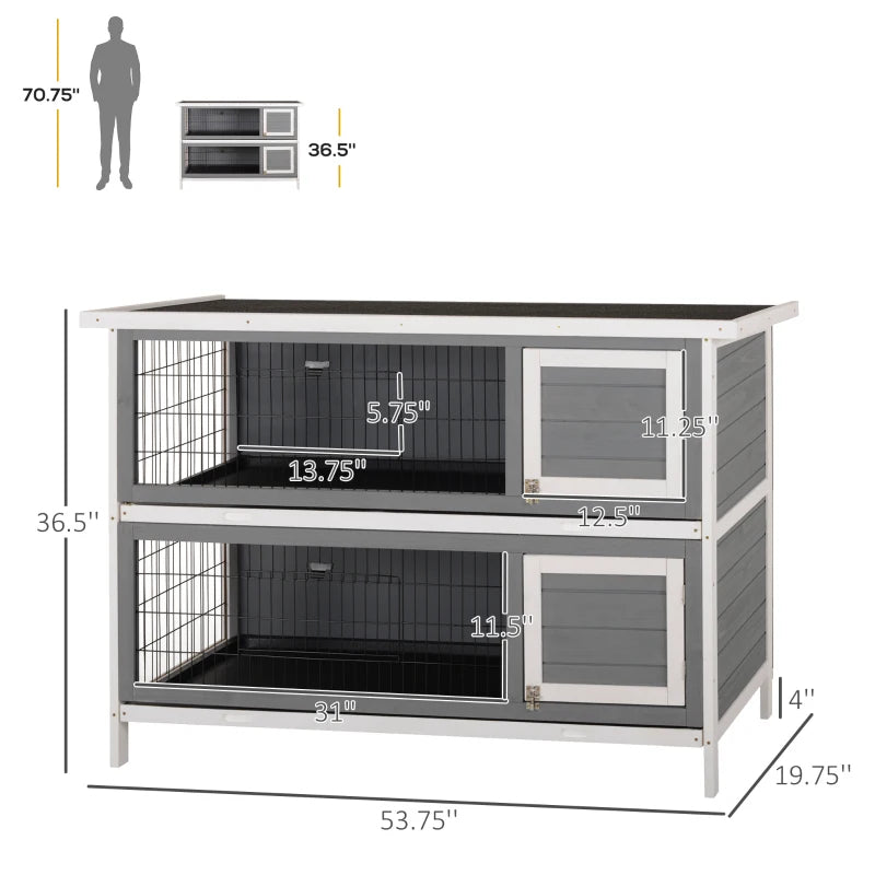 PawHut 54 2-Story Large Rabbit Hutch Bunny Cage Wooden Pet House Small Animal Habitat With Lockable Doors, No Leak Tray 