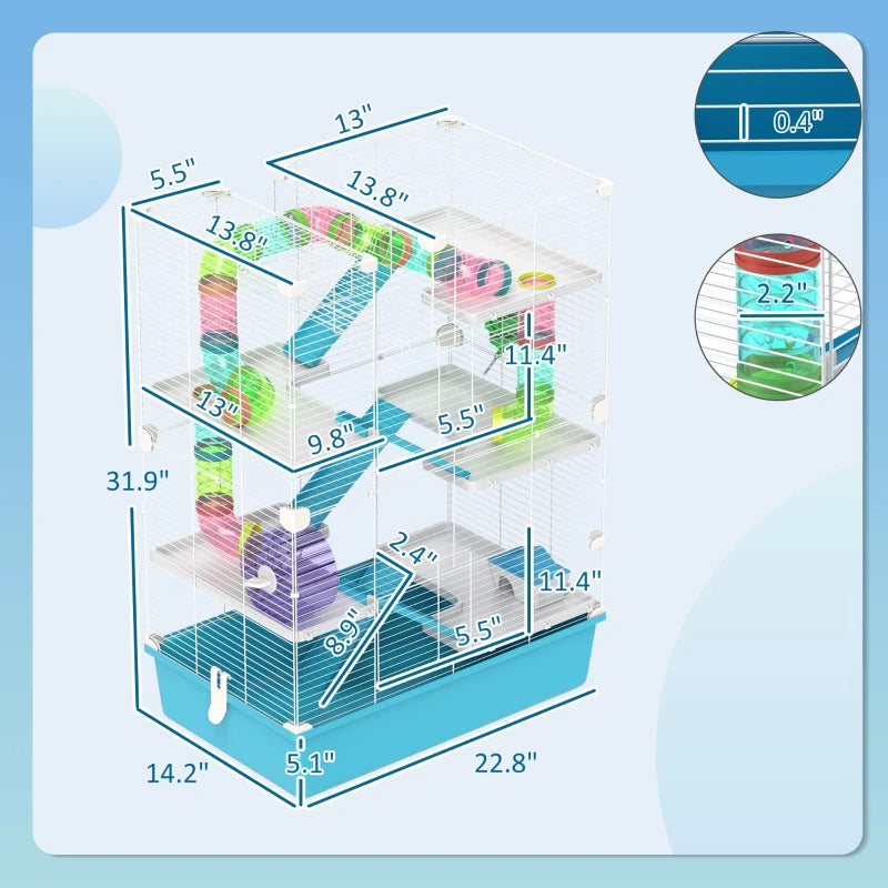 PawHut 6 Tier Hamster Cage With Tubes And Tunnels, Hut, Wheel, Food Dish, Water Bottle, Ramps, For Dwarf & Gerbil, Light