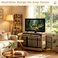 38in Dog Crate Furniture, Double Door Wooden Indoor Dog Kennel Furniture, Decorative Pet Cage End Table With Wheels For 