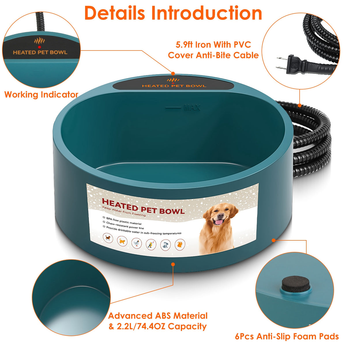 1Pc Heated Water Bowl For Dog Cat 74.4OZ Heating Water Dish IP67 Waterproof Thermal Water Bowl Heated Pet Bowl Dog Cat W
