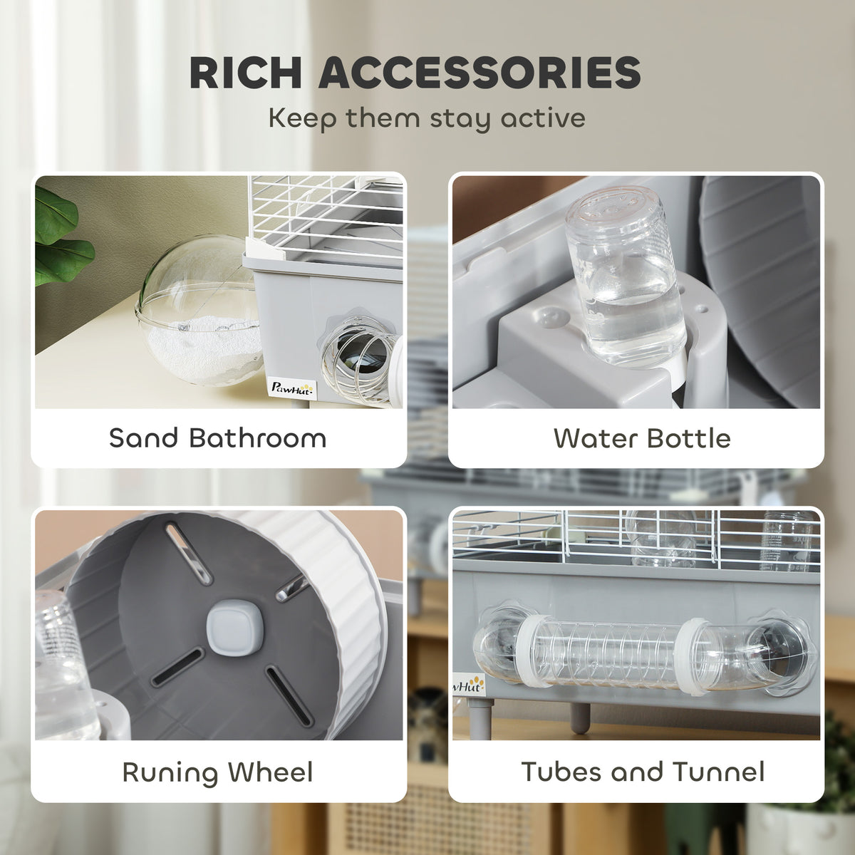 2-Tier Hamster Cage with Sand Bathroom, Running Wheel, Water Bottle, Tubes, Accessories, for Dwarf Hamster, Gray