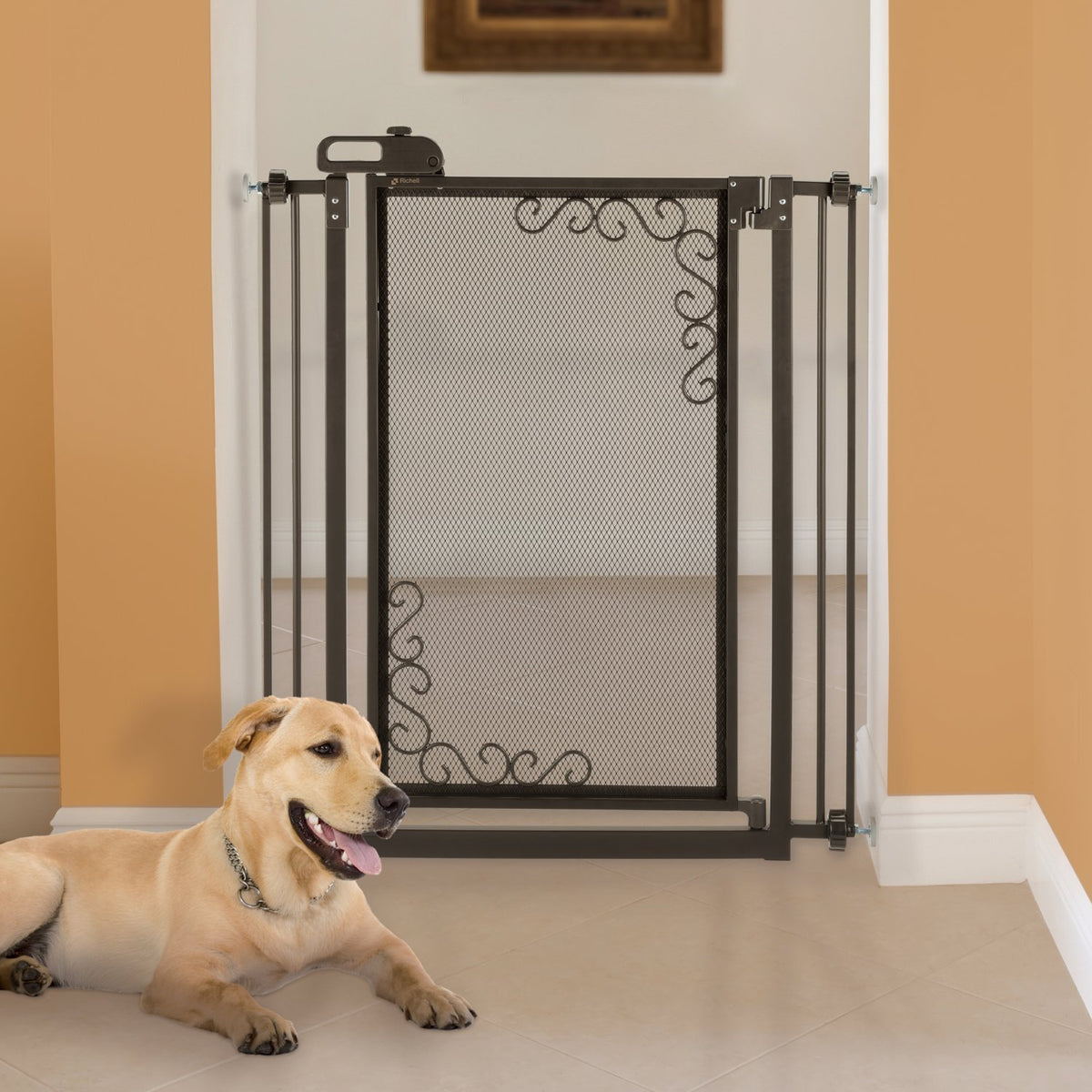Richell Tall One-Touch Metal Mesh Pet Gate in Antique Bronze - 40 Inch Tension Mount Gate with One-Hand Door