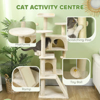 54" Cat Tree, Multi-Level Cat Tower with Scratching Posts, Cat Condos, Bed, Platforms, Ramp, Toy Ball, Beige