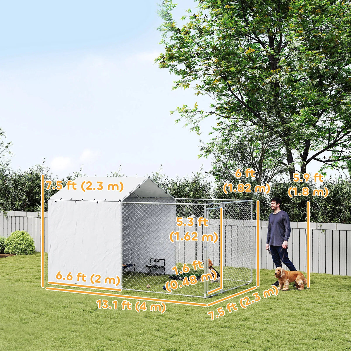Galvanized Steel Dog Kennel Outdoor with Waterproof & UV-Resistant Cover for Large Dogs, 13.1' x 7.5' x 7.5'