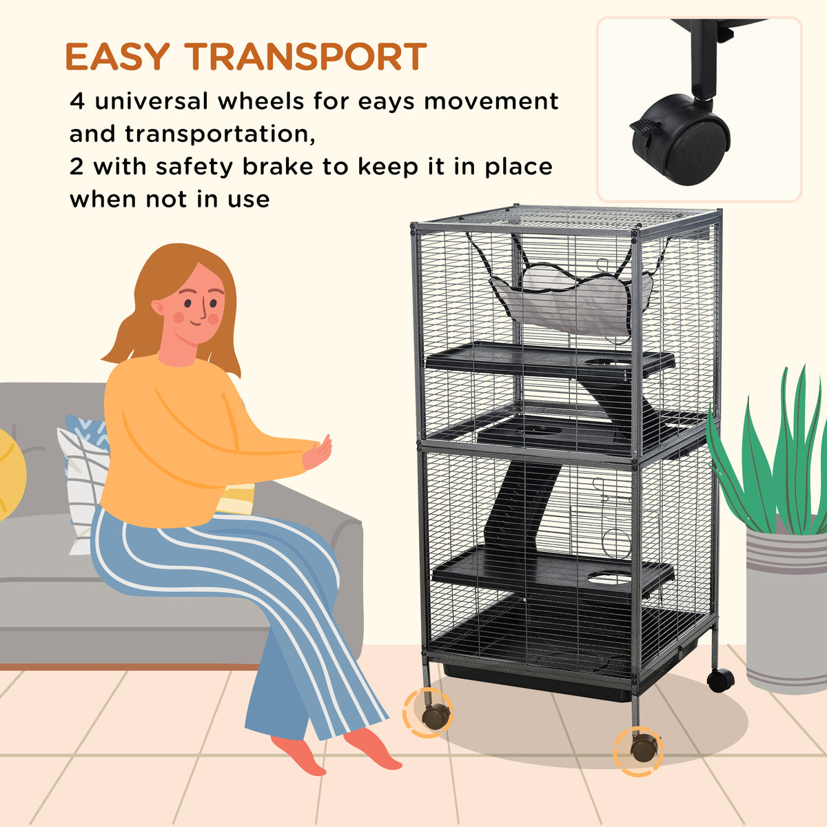 Metal Small Animal Cage Rolling Big Ferret Cage, Chinchilla Cage, Sugar Glider Cage, with Hammock & 4 Tiers, Removable T