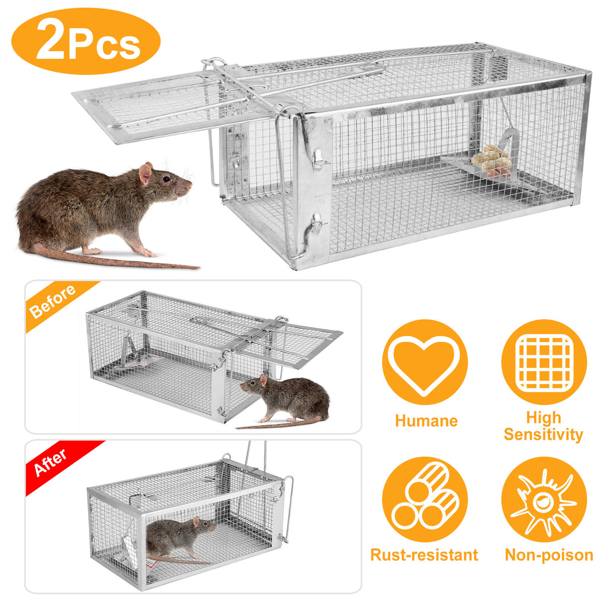 Humane Live Animal Trap, Galvanized Steel Mouse Cage Trap With Sensitive Gravity Pedal, Escape-Proof Design, Reusable Ro
