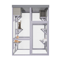 Outdoor Wooden Catio Multi-functional Cat Enclosure, 4 Platforms & 2 Napping Houses, 2 Strong Locks, Rounded Corner, Ste