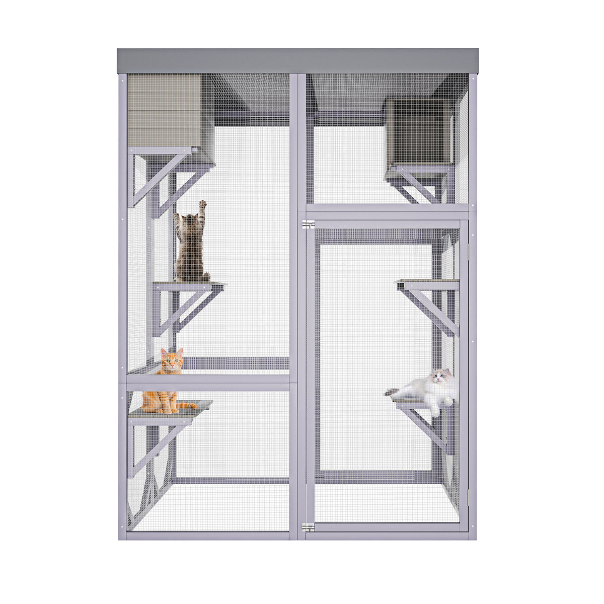 Outdoor Wooden Catio Multi-functional Cat Enclosure, 4 Platforms & 2 Napping Houses, 2 Strong Locks, Rounded Corner, Ste