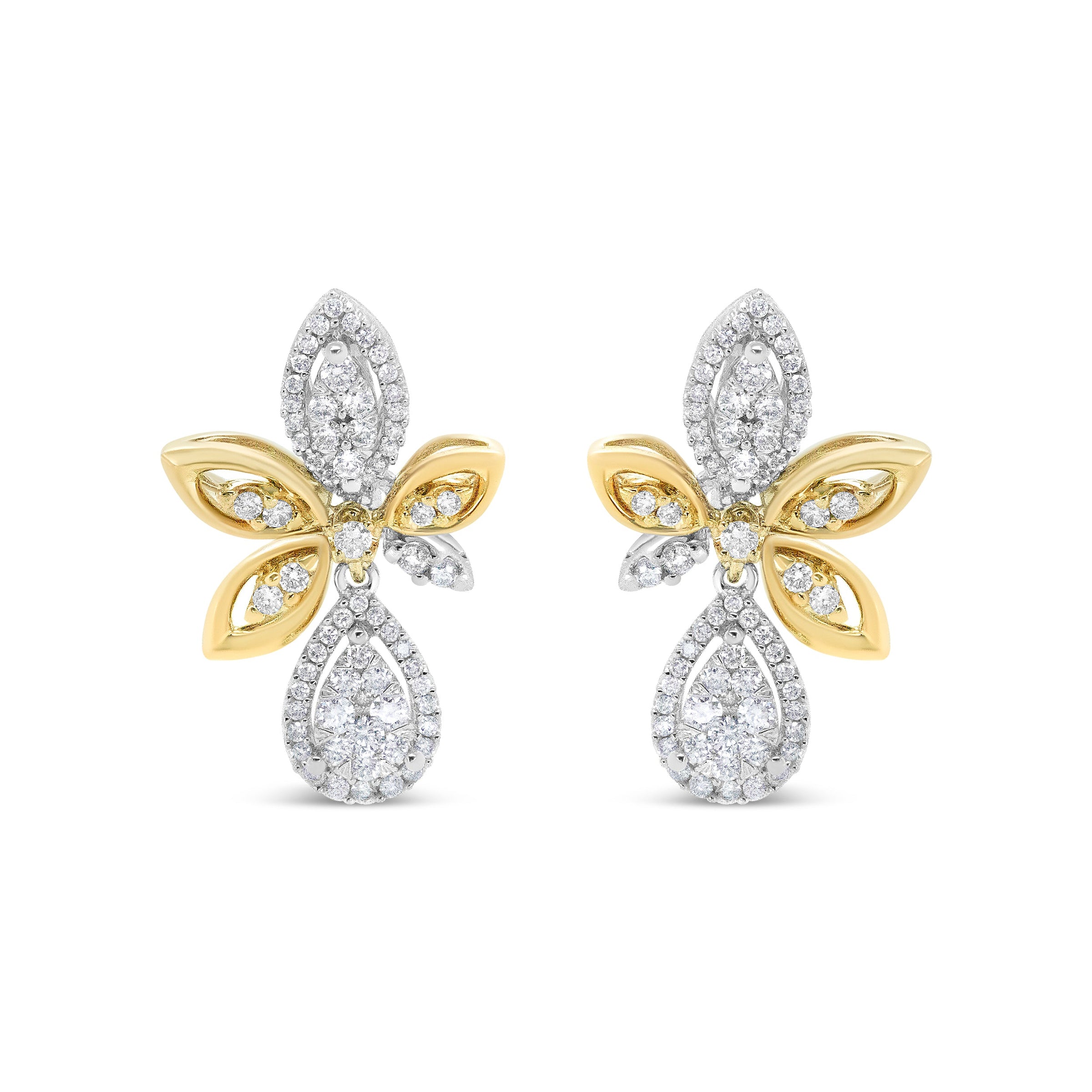 14K White and Yellow Gold 1.00 Cttw Round Pave-Set Diamond Teardrop and Marquise Shape Drop Dangle Earrings (H-I Color, SI1-SI2 Clarity)