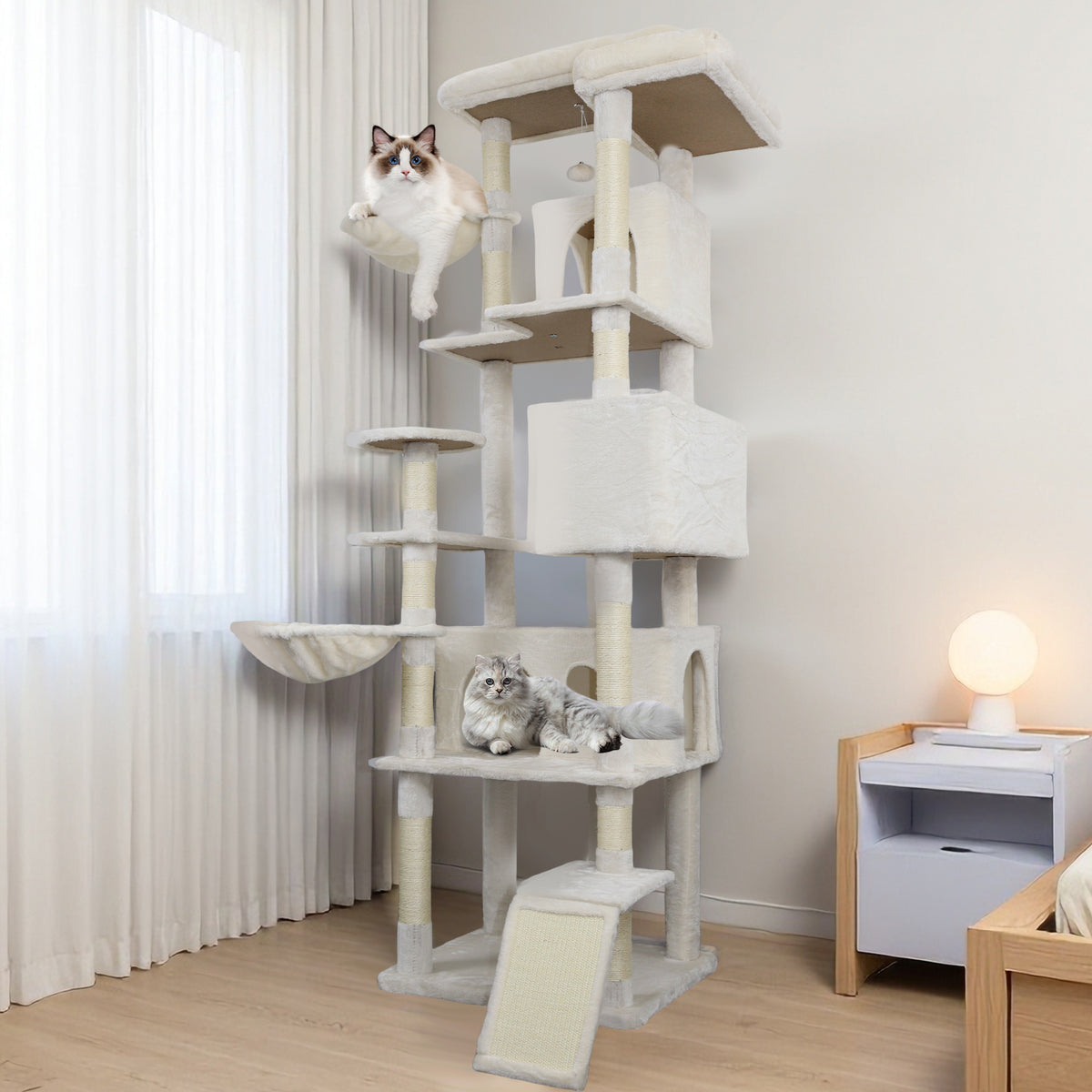 84 in Beige cat tree tower with large condo sisal scratching post big hammock and top platform