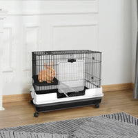 PawHut 2-Level Small Animal Cage Rabbit Hutch With Wheels, Removable Tray, Platform And Ramp For Bunny, Chinchillas, Fer