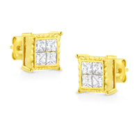14K Yellow Gold 1.0 Cttw Invisible Set Princess-Cut Diamond Composite 8 Stone Stud Earrings (I-J Color, SI1-SI2 Clarity)