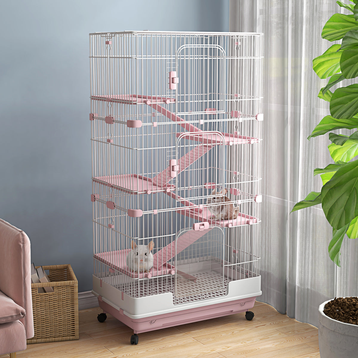 32"L 6-Level Small Animal Cage Rabbit Hutch with Universal Lockable Wheels, Slide-out Tray for Bunny, Chinchillas, Ferre