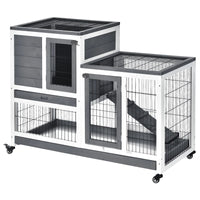 Wooden Rabbit Hutch Elevated Bunny Cage Indoor Small Animal Habitat With Enclosed Run With Wheels, Ramp, Removable Tray 
