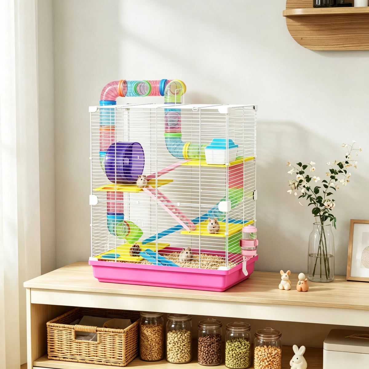 Pink 5-Tier Portable Hamster Cage for Short Trip Outing, Small Animal Travel Carrier with Tunnel Tubes