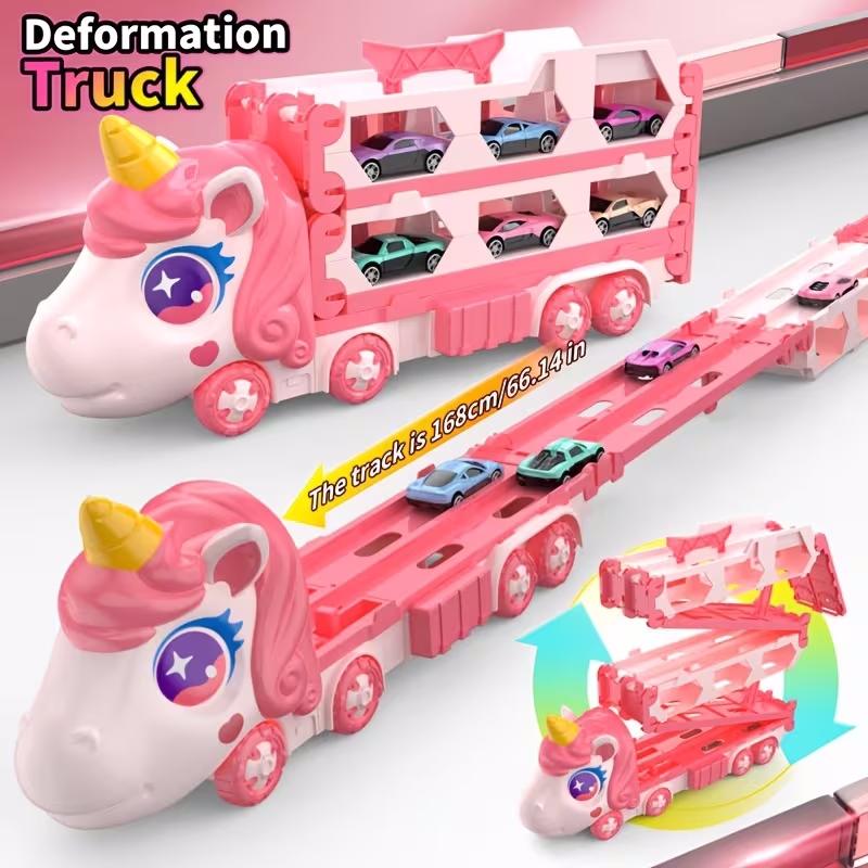 Cute Transforming Truck Toy Expandable Racetrack & Vehicle Storage Set Portable Carrier With Mini Cars Toy For Girls Age