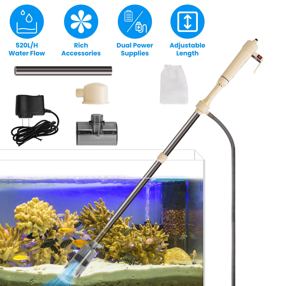 1 Set Multifunctional Electric Aquarium Gravel Cleaner Kit Length Adjustable Automatic Fish Tank Vacuum Cleaner Change W