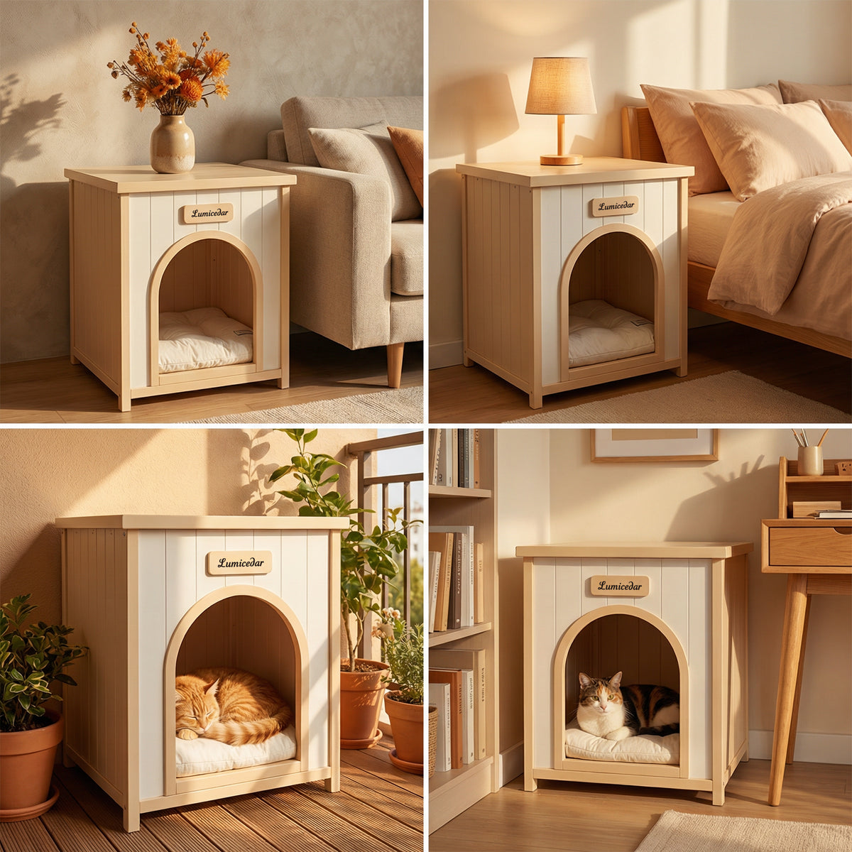 Modern Indoor Wooden Dog House with Removable Cushion – Solid Cedar Pet House for Small Dogs & Cats, Furniture-Grade Sca