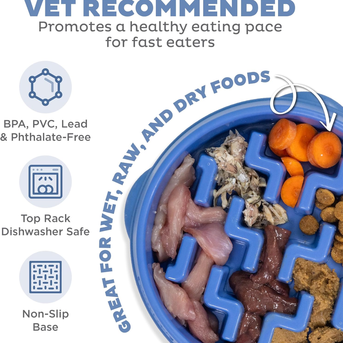 Feeder Slo Bowl Medium 2Cup Capacity, Slow Feeding, Small To Medium Dogs Cats, Non Slip, Blue, Notch Pattern